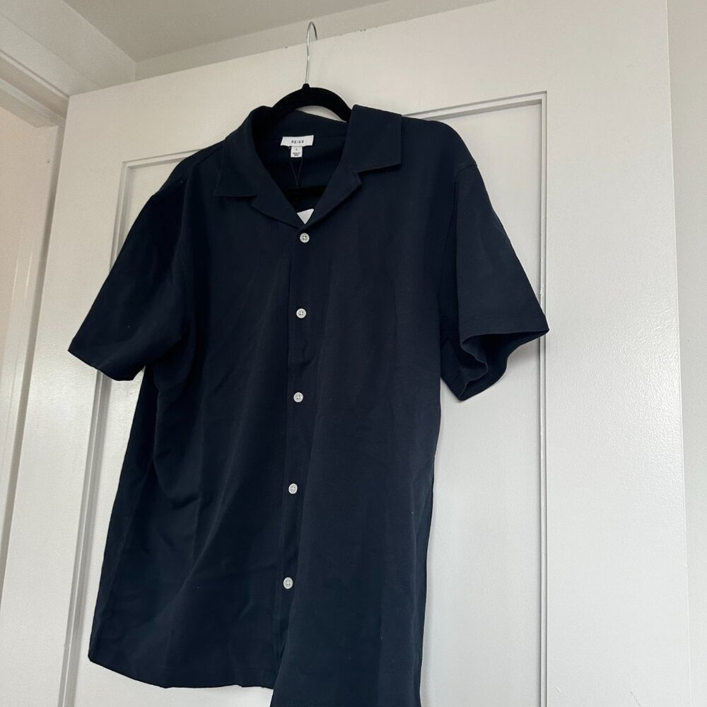 NWT Reiss Men's Casual Button Up Shirt Cotton Blend Cuban Collar Navy Sz Large